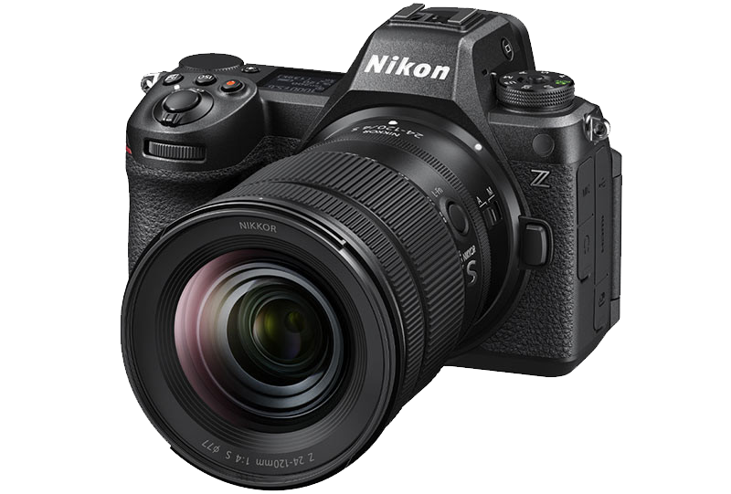 A black Nikon Z mirrorless camera with a large lens attached.