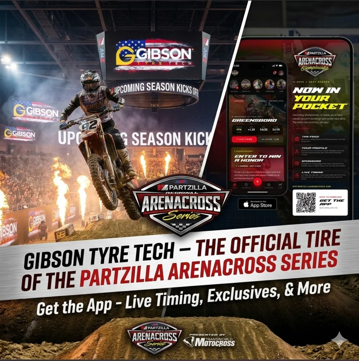 Schedule coming soon!! 
Head to the App Store and download the Partzilla Arenacross app and make sure you are ready for the action! 
#gibsontyretechusa #partzillaarenacross