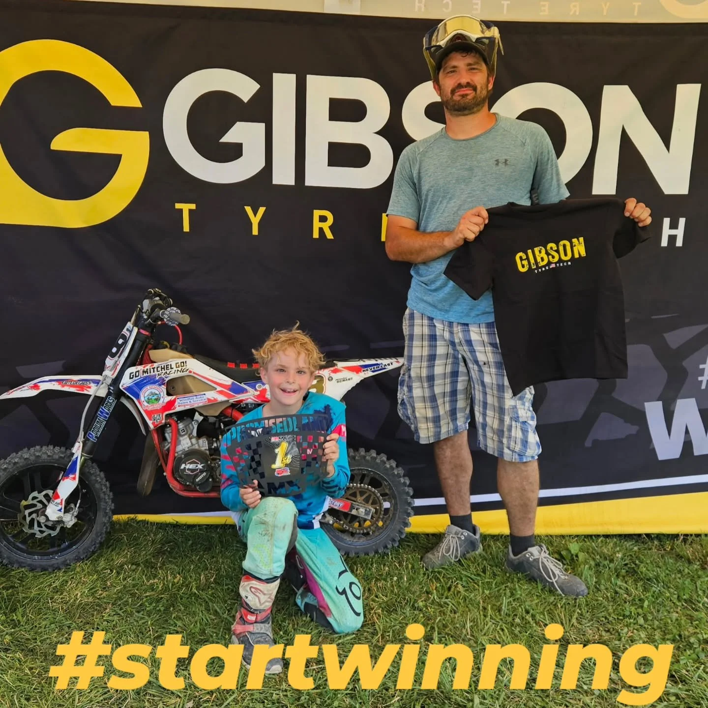 Here at Gibson Tyres we have the tires and tools to help you #startwinning ‼️ @mike_schaut mounting up an MX 1.1 and 4.2 on his boys @cobramotorcycles 50 to then have Mitchel pull his first #holeshot and #WIN @promisedlandmx ‼️💪 Experience the confi