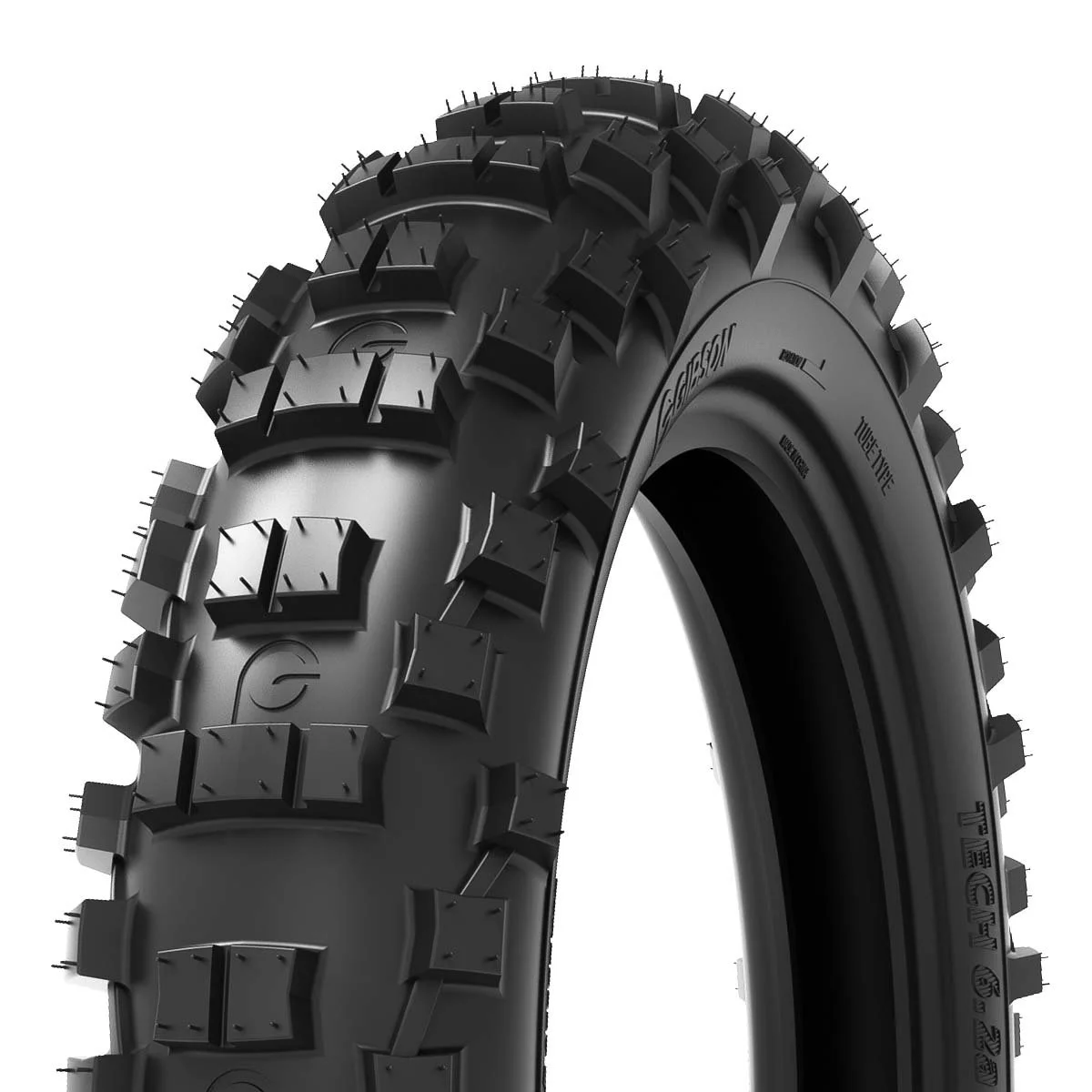 Close-up of a black off-road tire with knobby tread pattern used for dirt biking or motocross.