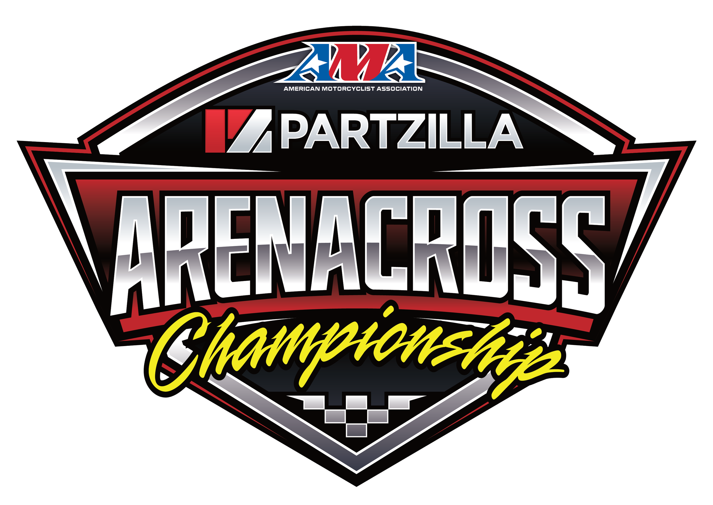 Logo of the American Motorcycle Association featuring the words "Partzilla" and "Varenachos" with a checkered flag pattern and racing theme elements.
