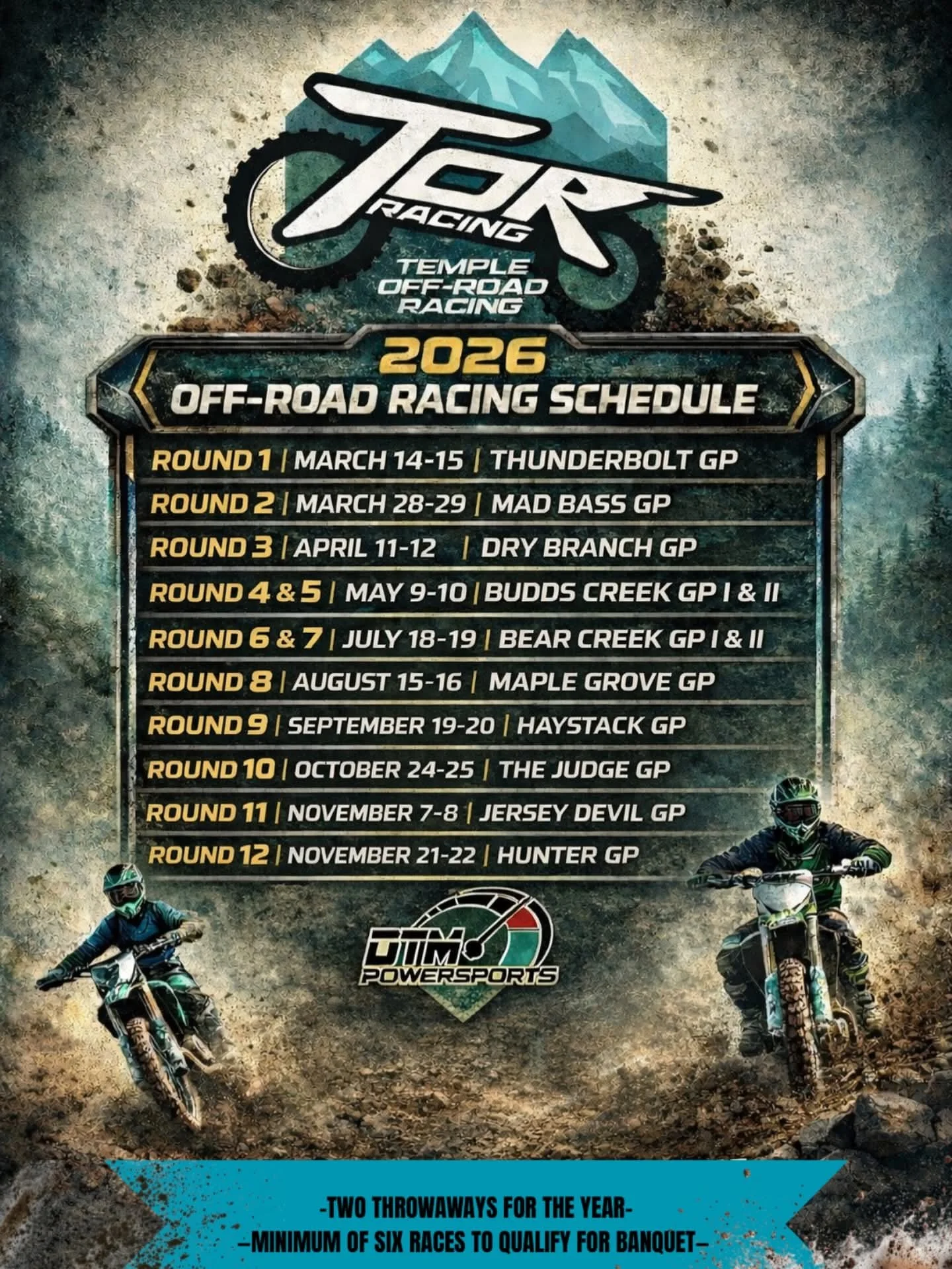 2026 Off-Road Racing Schedule poster with mountain background and motocross riders. Listing rounds from March to November at various tracks, sponsored by JTM Powersports.