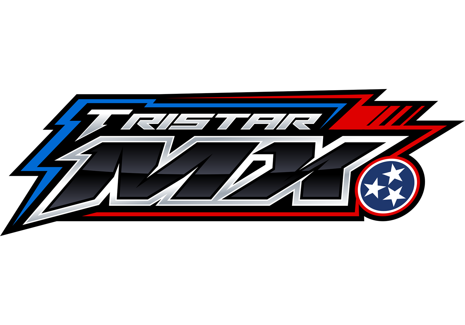 Logo for Tristar Racing, featuring bold stylized text with blue, red, white, and black colors, and a circular emblem with three white stars on a blue background enclosed by a red circle.