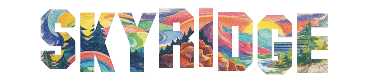 SKYRIDGE graphic with colourful hand-drawn landscape artwork inside bold letters.
