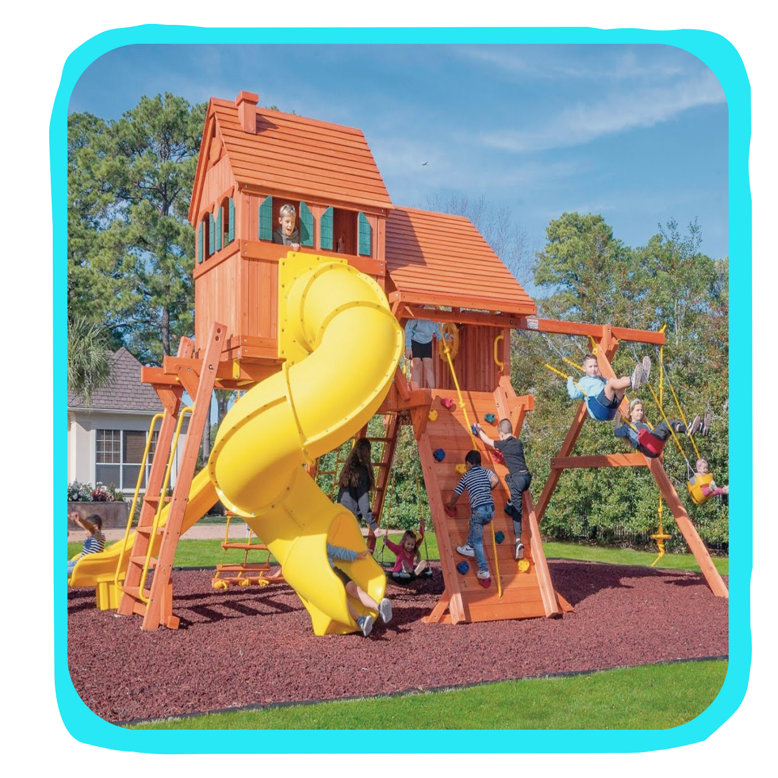 Children playing on a wooden playground with a yellow spiral slide, swings, and climbing structures outdoors on a sunny day.
