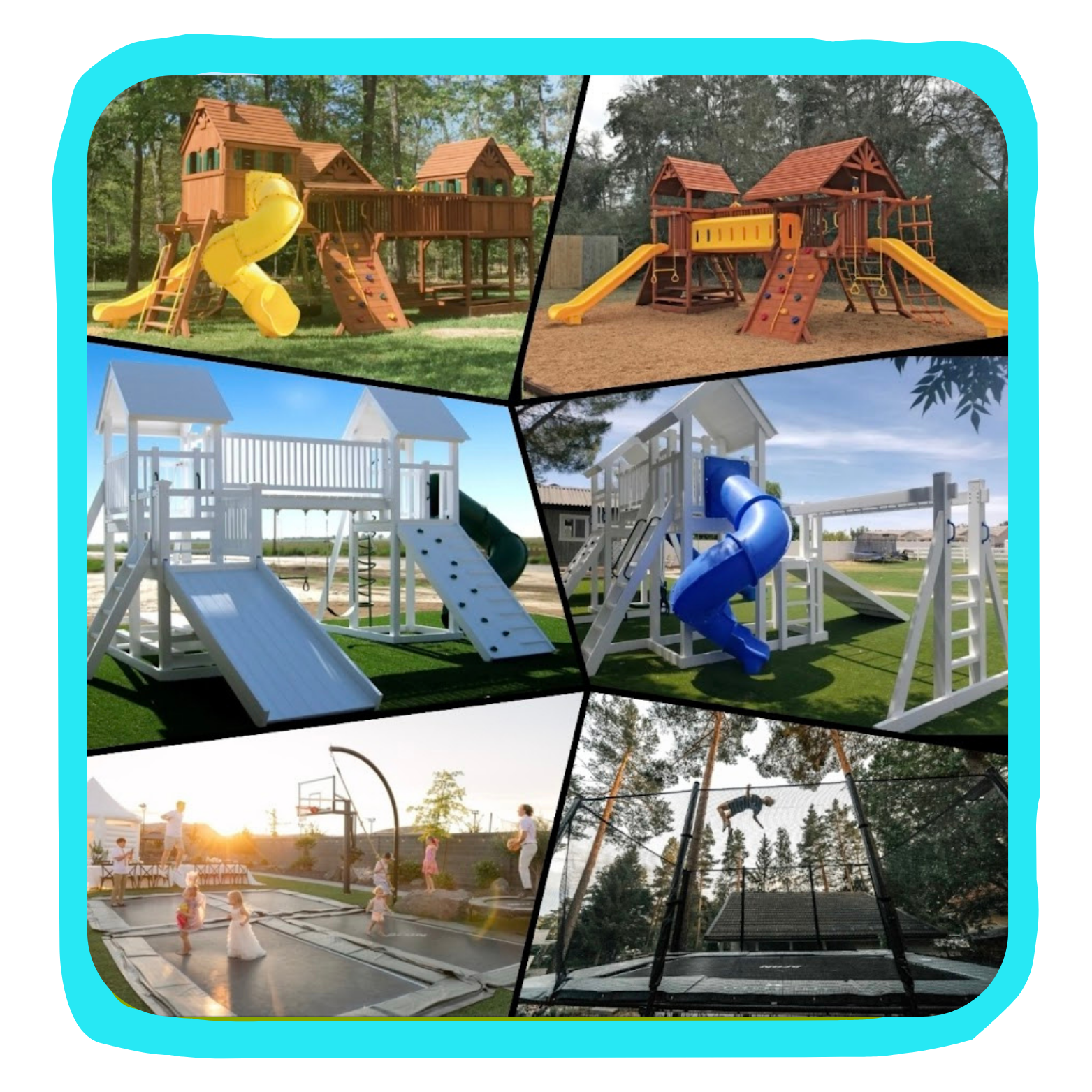 Collage of outdoor playground equipment including wooden playsets with slides, climbing walls, and bridges; white metal play structures with slides and rock climbing walls; children playing on trampolines; and a person on a trampoline in a backyard.