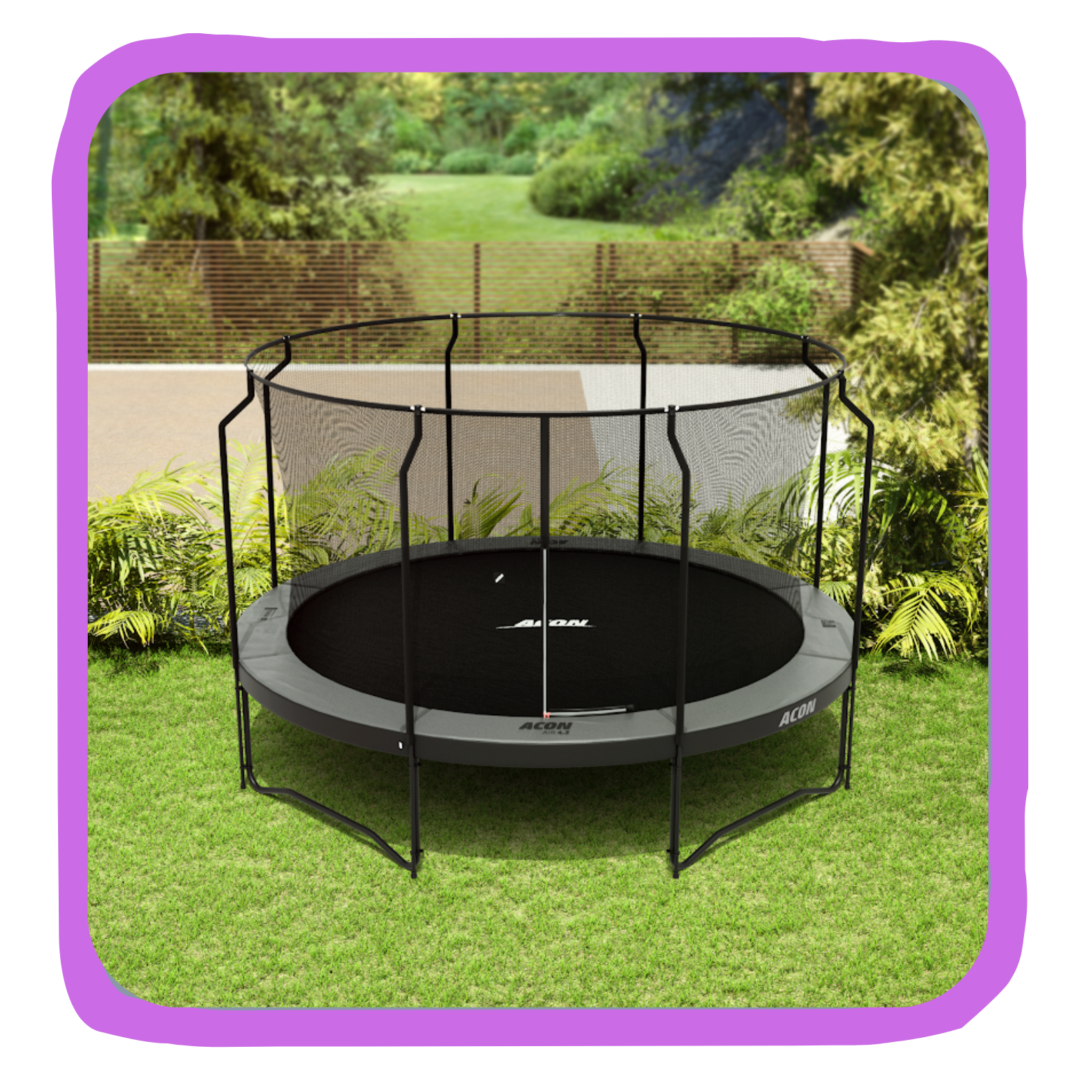 A circular trampoline with a black jumping surface and safety net, positioned on a green lawn surrounded by plants, with a park-like setting in the background.