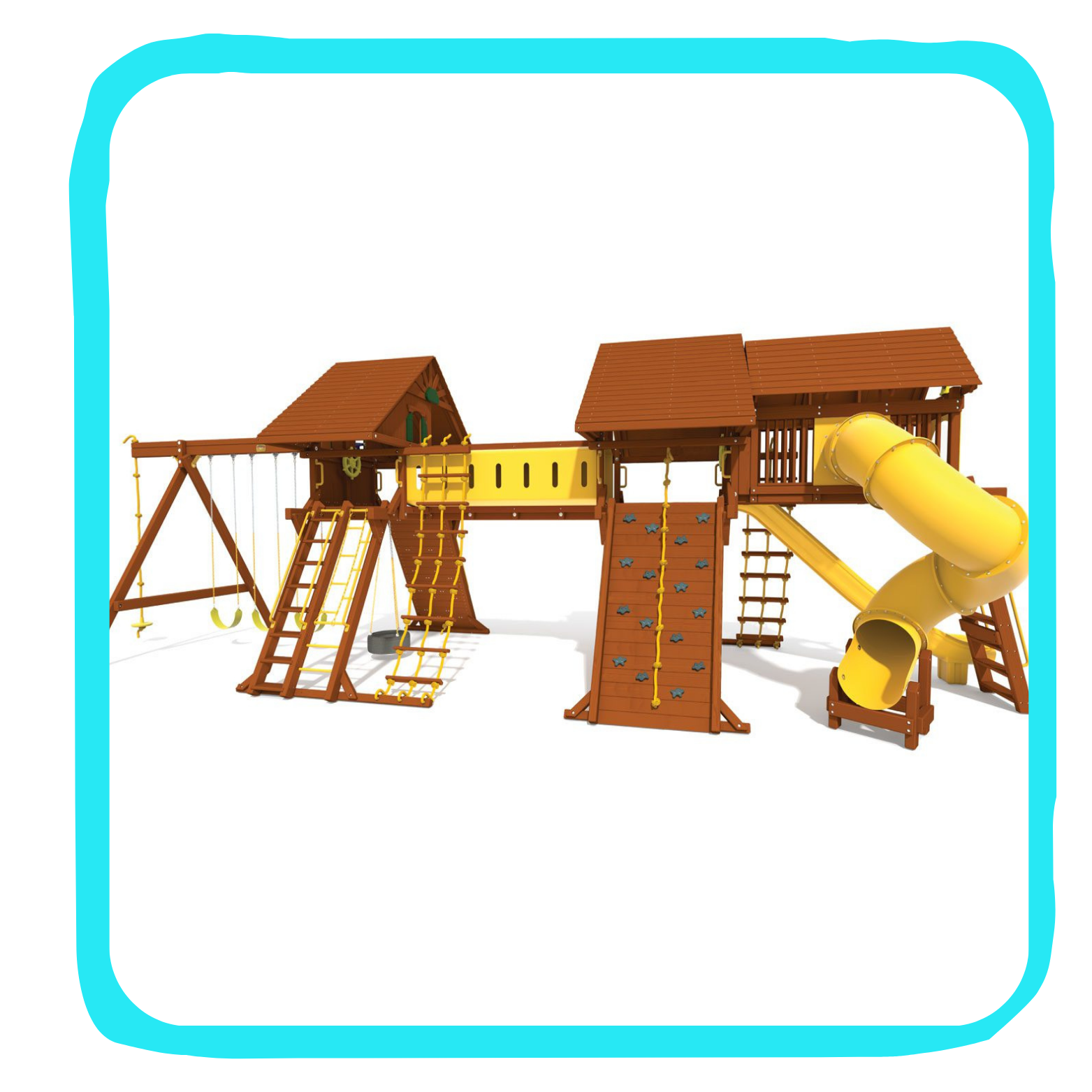 A large wooden outdoor playground with swings, climbing walls, slides, and roofs.