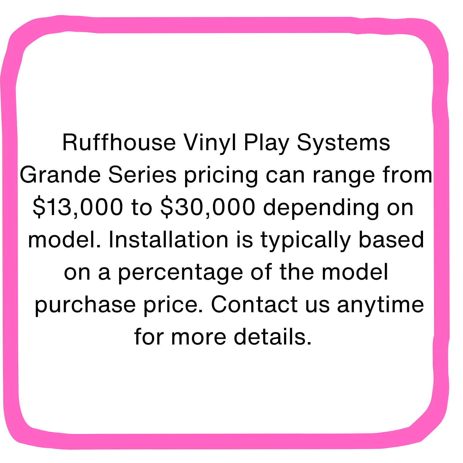 Sign with information about Ruffhouse Vinyl Play Systems Grande Series pricing, installation, and contact details, framed with a pink border.