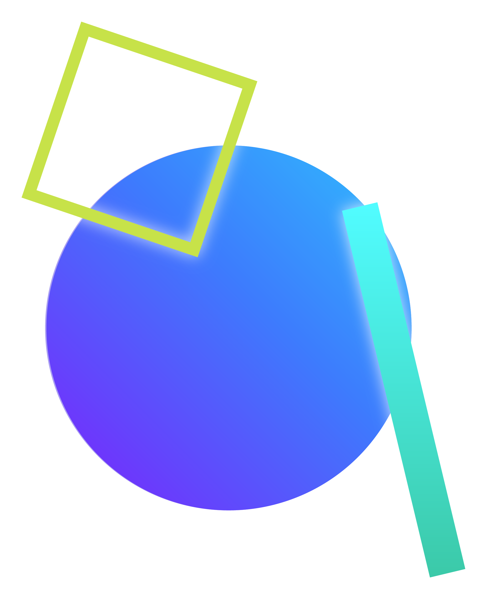 Abstract artwork featuring a large blue circle, a yellow frame square, and a blue and turquoise rectangle on a white background.