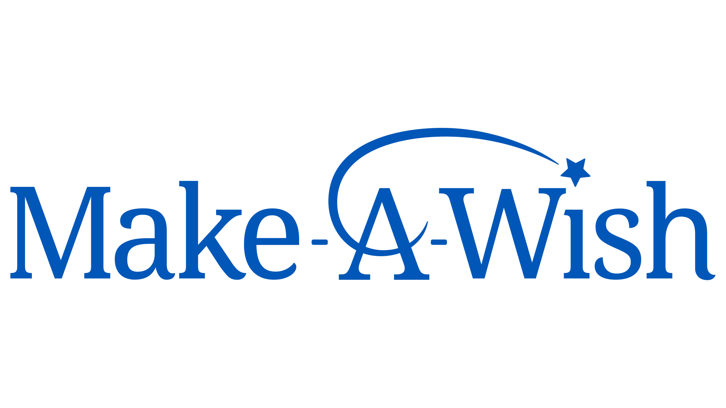Logo for Make-A-Wish, featuring blue text with a shooting star and arc above the words.