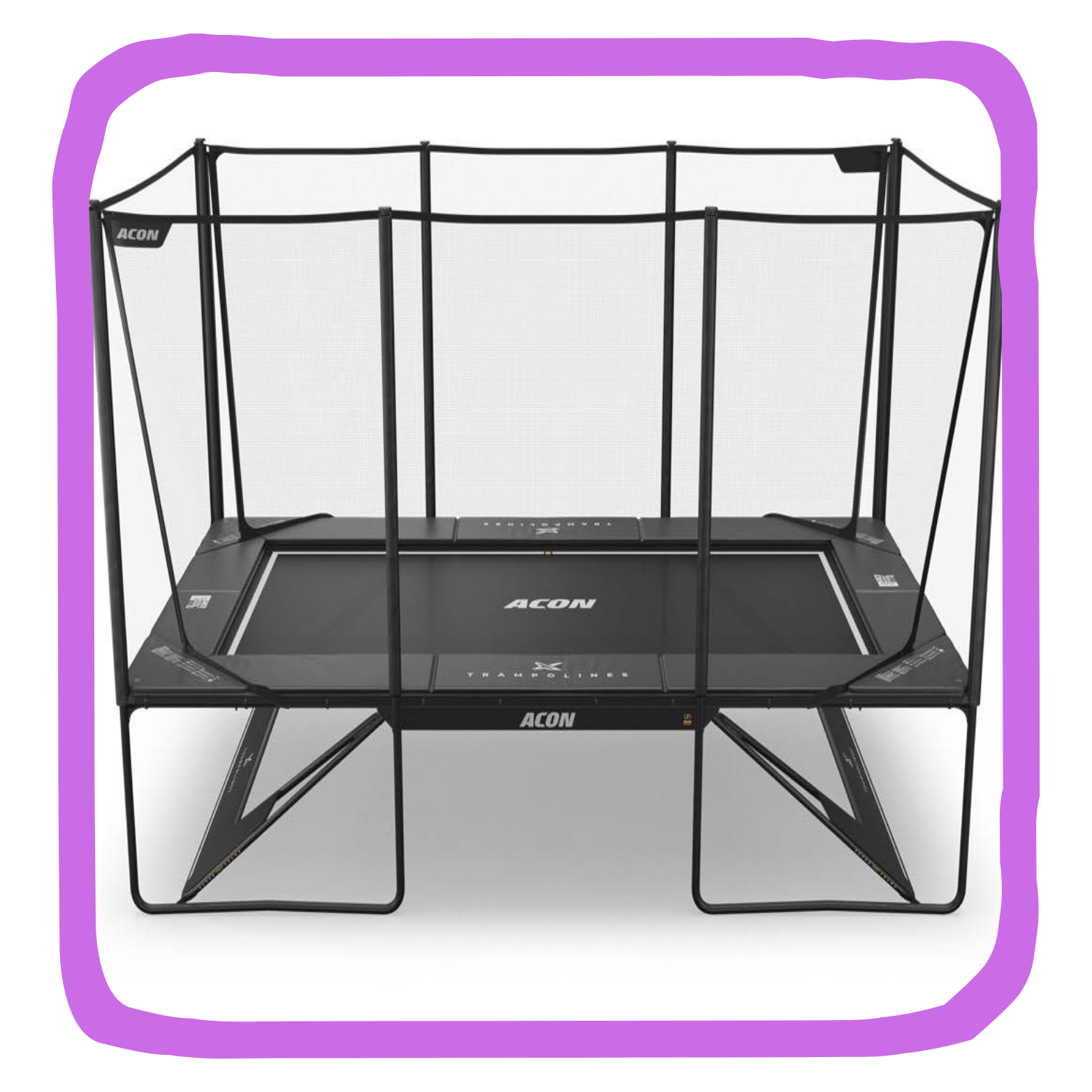 Black trampoline with safety net, branded 'ACON', set against a white background with purple border.