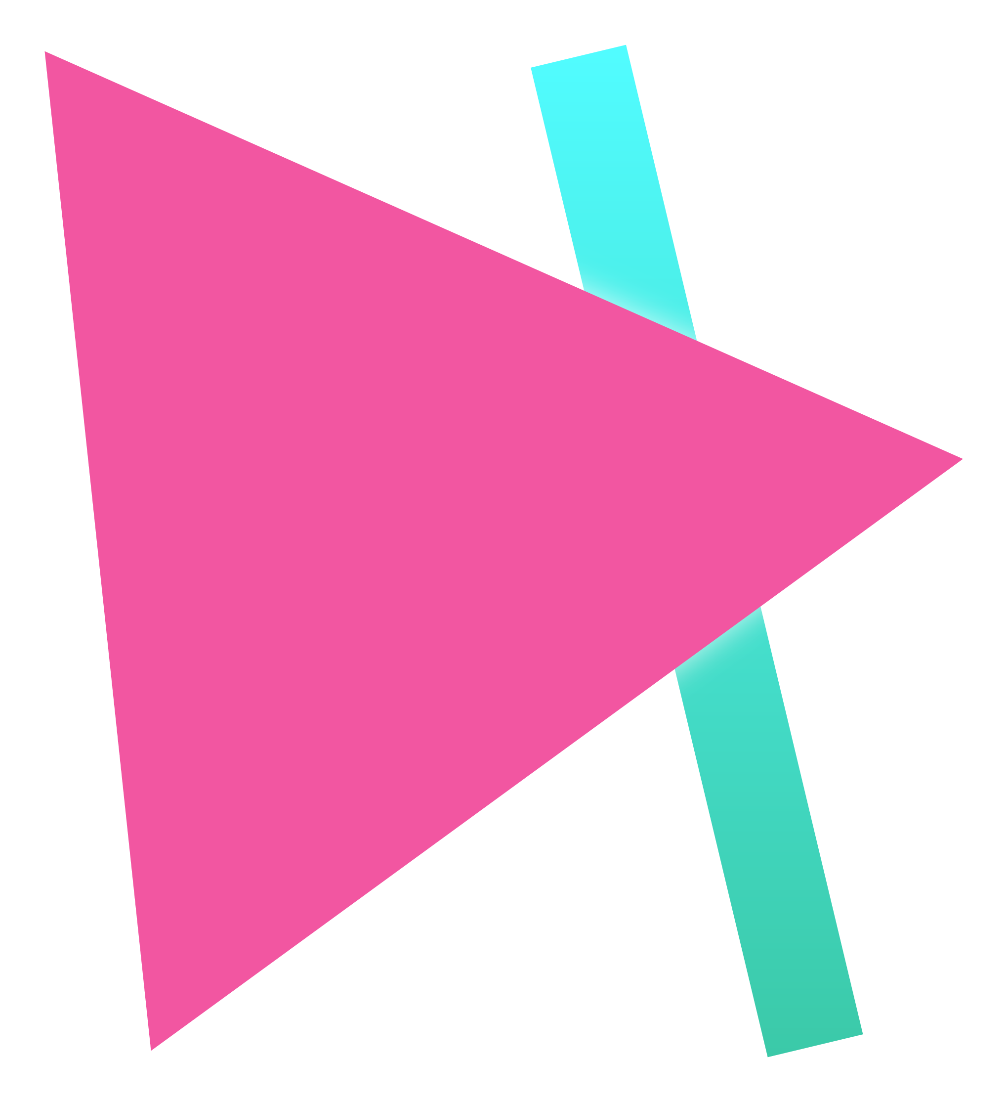 An abstract geometric design with a large pink triangle, a vertical light blue strip, and a background of white space.