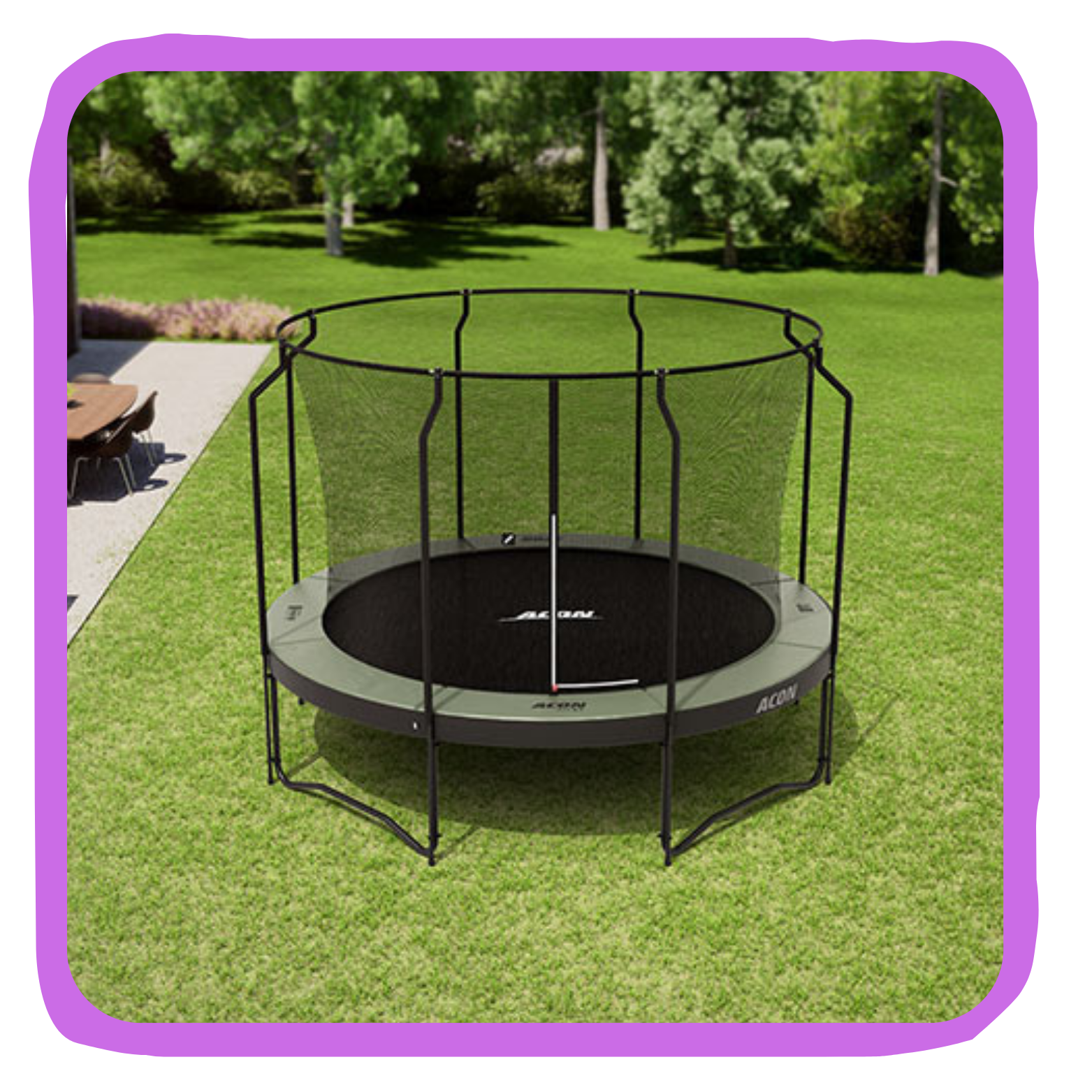 A round outdoor trampoline with a safety net enclosure on a grassy lawn in a backyard, with trees and a patio area with chairs in the background.
