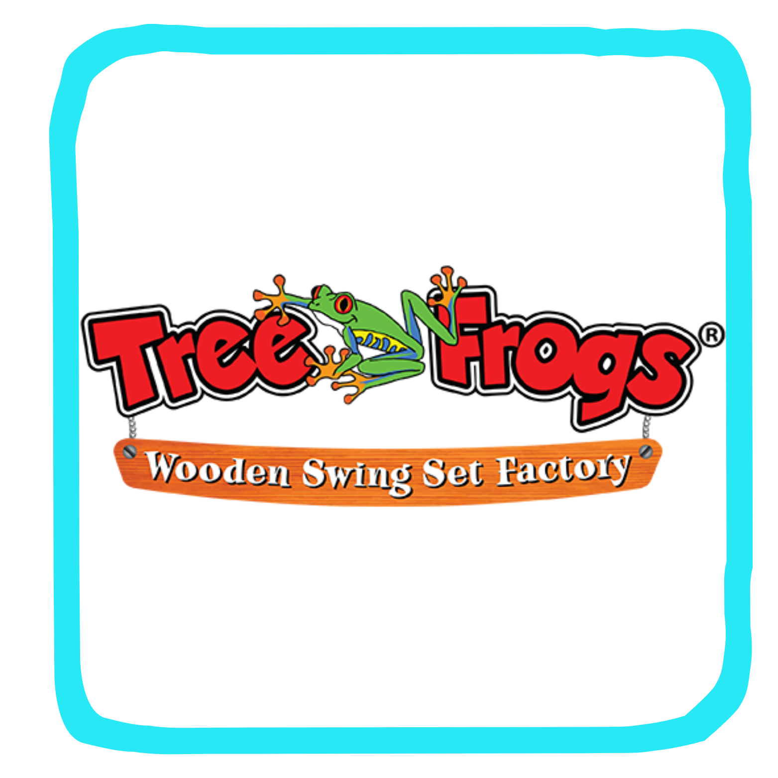 Logo for Tree Frogs Wooden Swing Set Factory featuring a cartoon frog and bright colors.