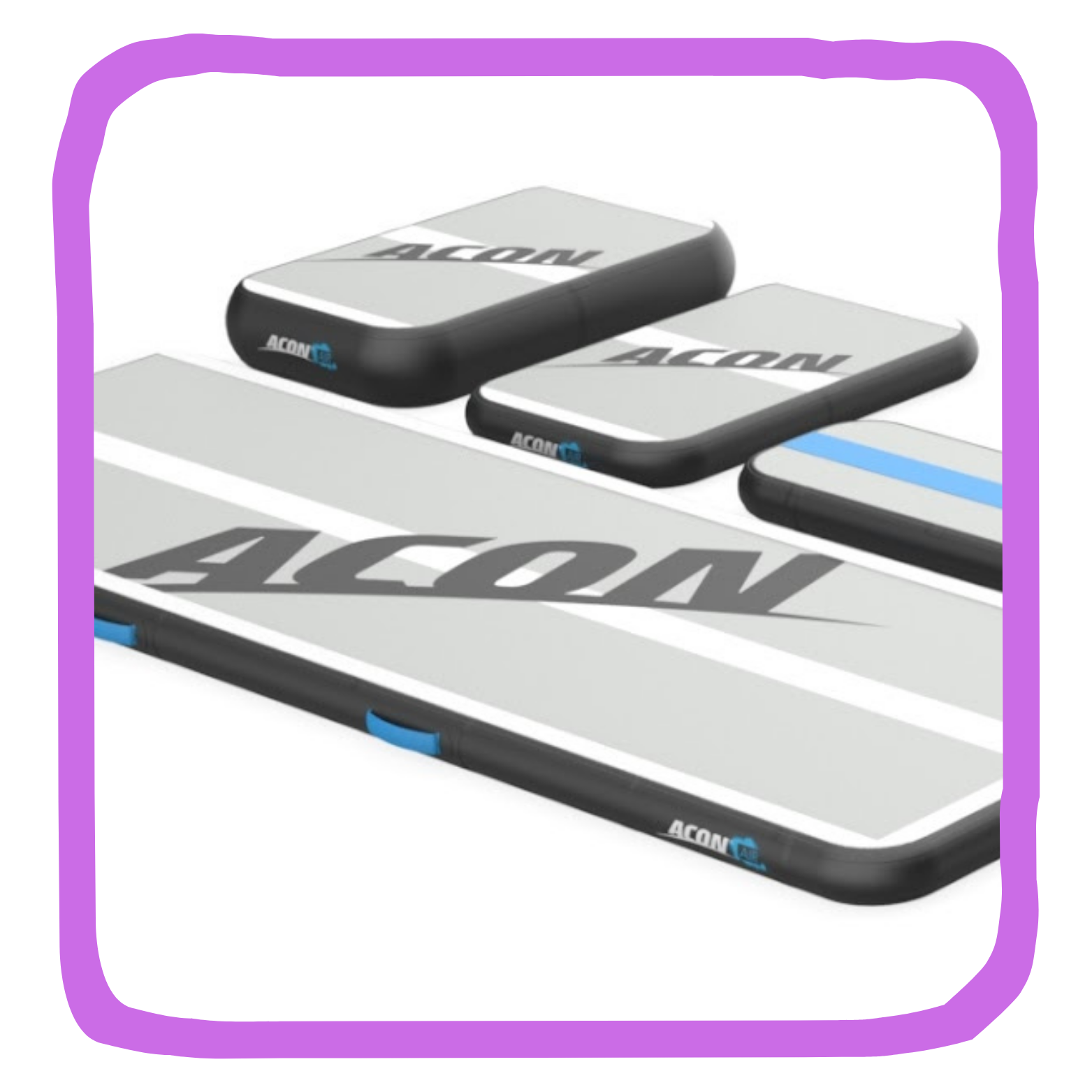 Set of hockey pucks and a hockey rink with the brand name ACON.