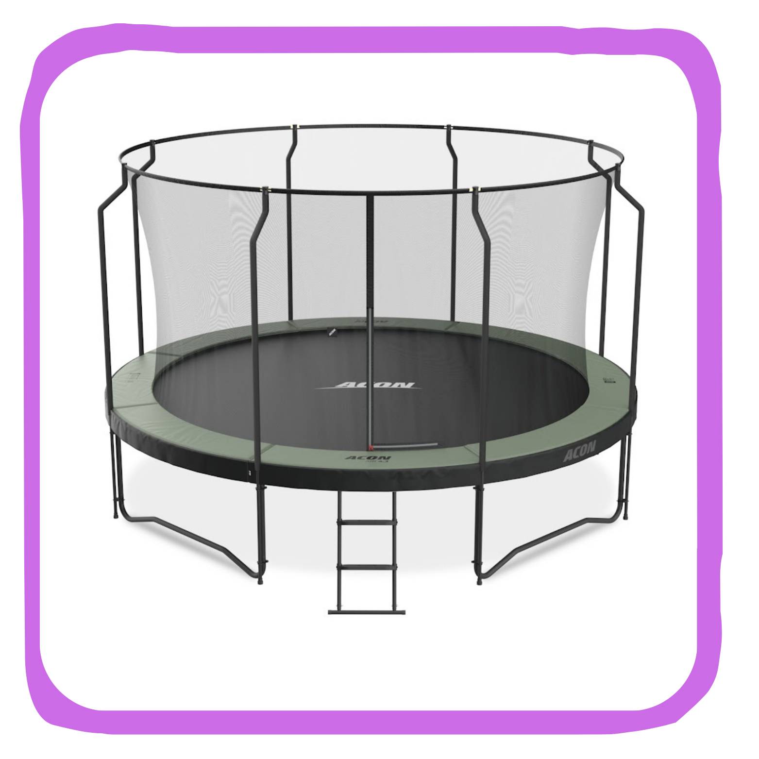 A round outdoor trampoline with a black jumping surface, green padded edge, safety net enclosure, and a small ladder for access.