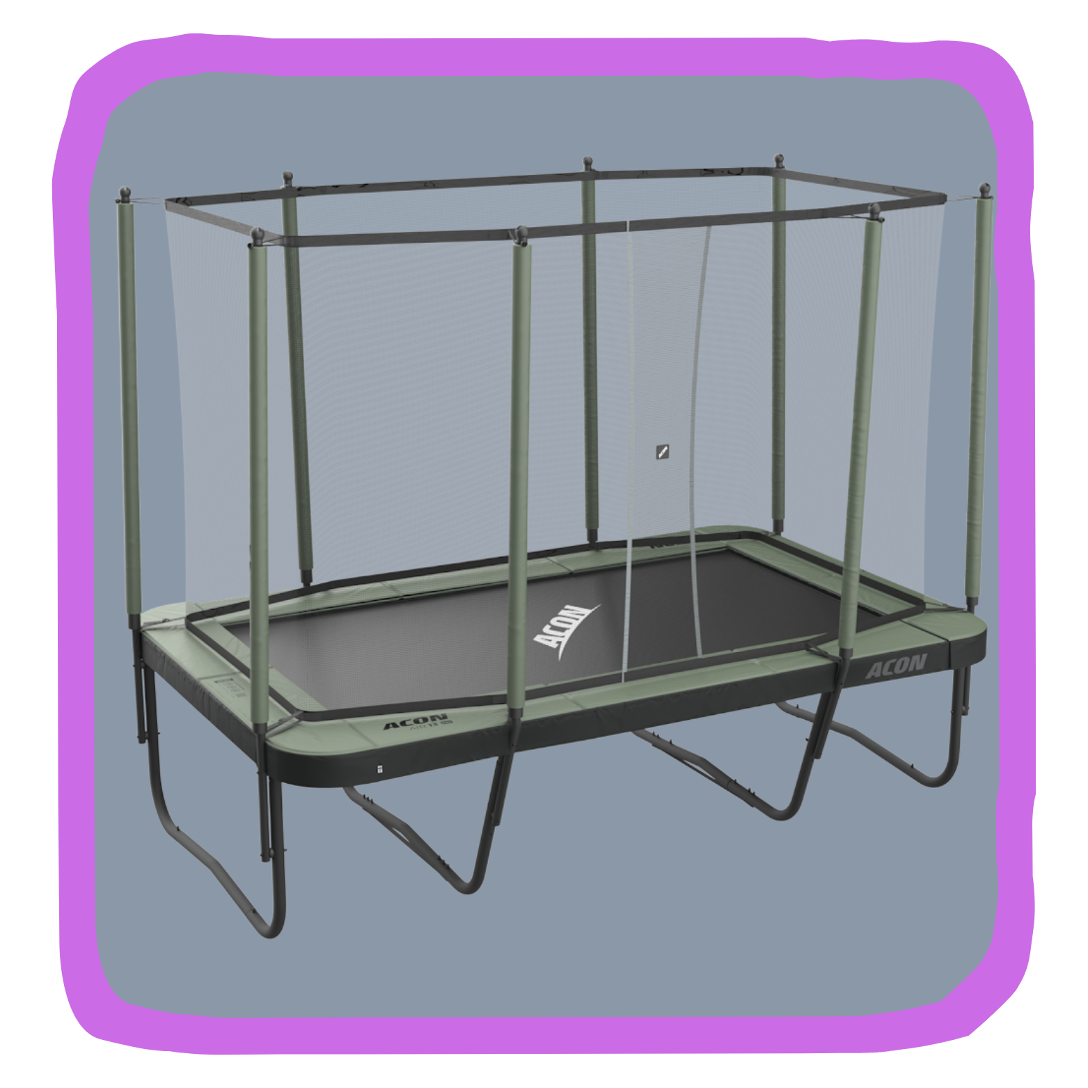 A rectangular trampoline with a safety net enclosure and a label that reads 'ACON' on the side.