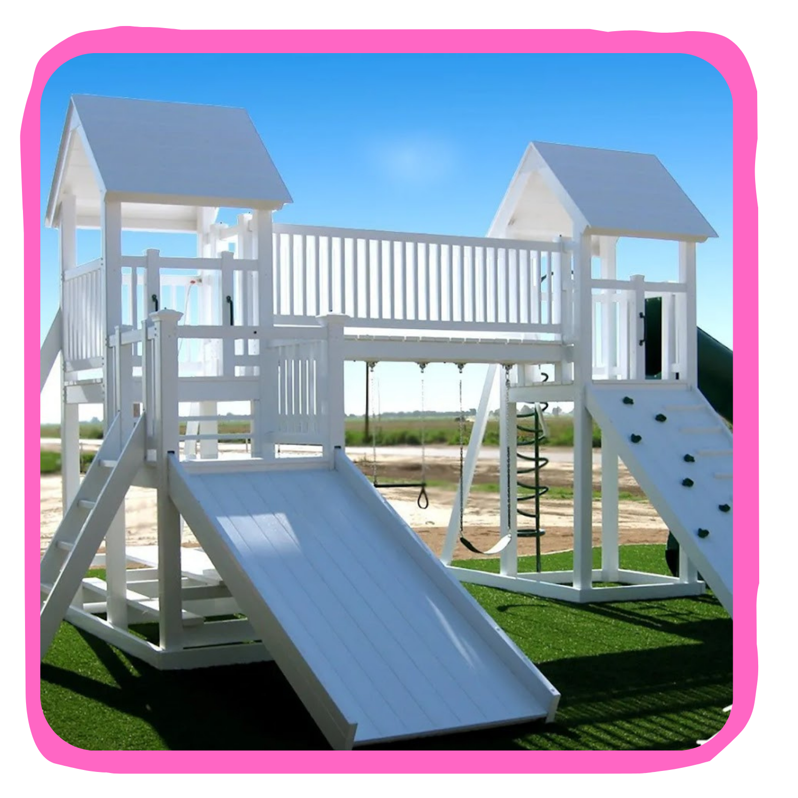White outdoor playset with slides, swings, and climbing features under a bright blue sky.