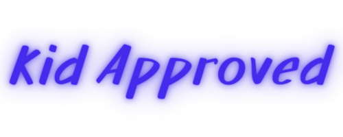Graphic text that says 'Kid Approved' in blue and purple colors.