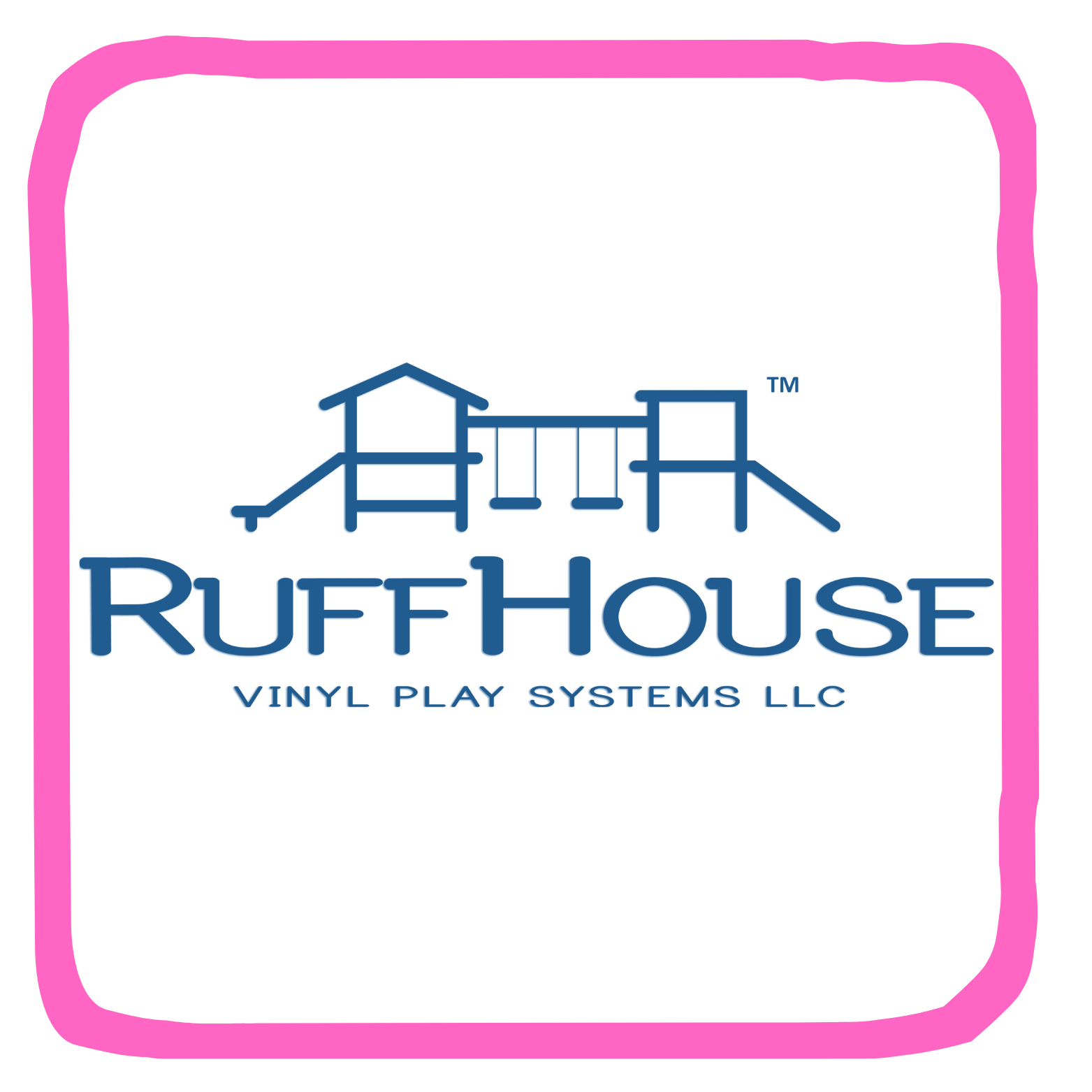 The logo of Ruff House Vinyl Play Systems LLC, featuring a blue line drawing of a playground with a house, swings, and slides, on a white background with a pink border.