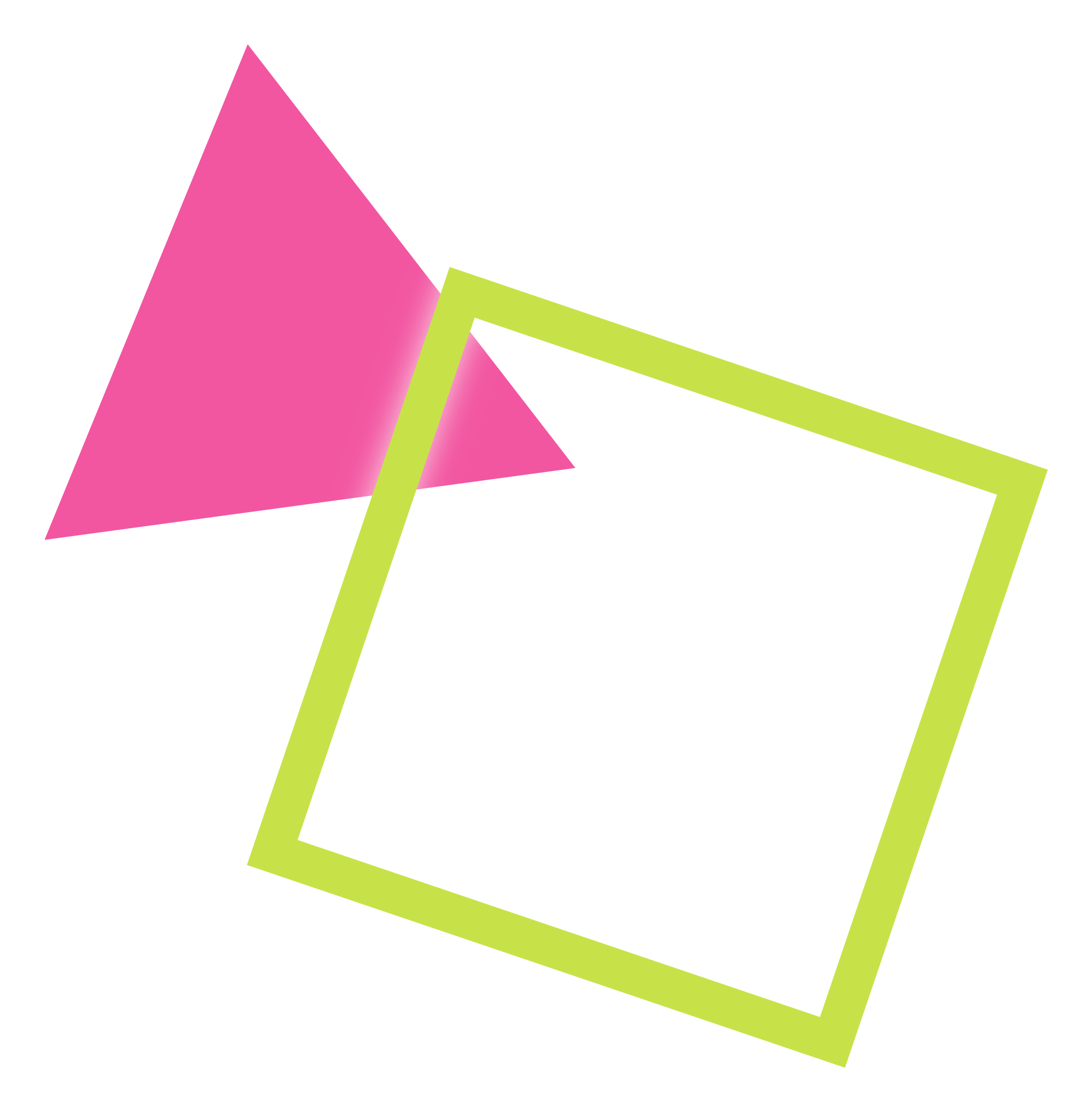A pink triangle and a white square with a green border overlapping each other.