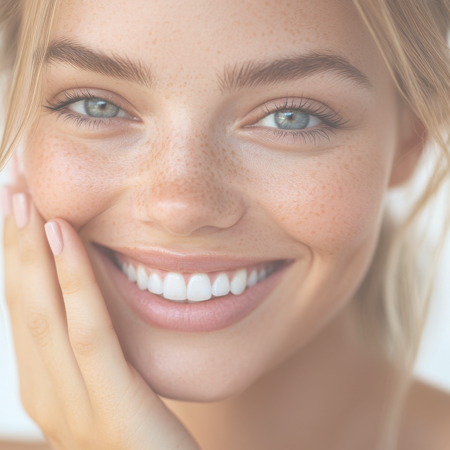 Close-up of a young woman with blue eyes and freckles smiling, touching her face with her hand.