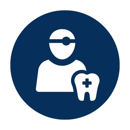 Dental professional with a mask and glasses holding a tooth with a medical cross symbol.