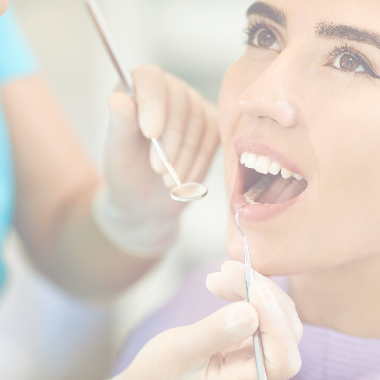 A woman at the dentist's office having her teeth examined with dental tools by a healthcare professional.