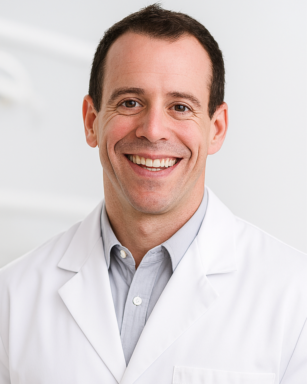 A smiling Dr. Michael Panitch wearing a white coat and light gray shirt, standing in a bright clinic setting.