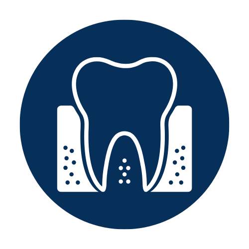 Icon of a tooth with gums on a dark blue circular background, representing dental health or dentistry.