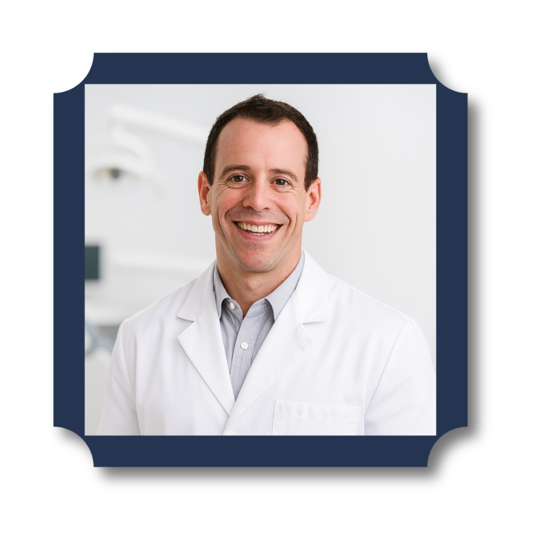A smiling male doctor with short dark hair, wearing a white coat and a light gray shirt, standing in a bright medical office or clinic.