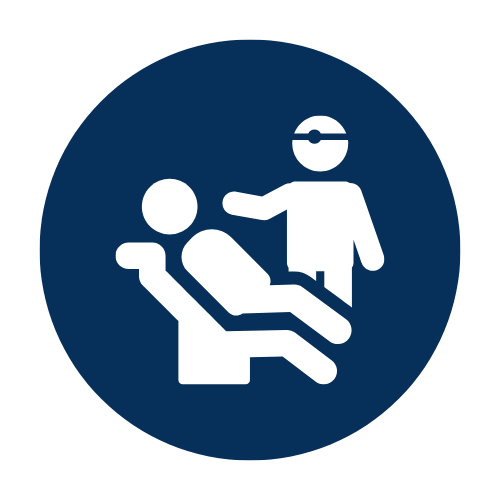Medical symbol indicating dental or oral examination or treatment, showing a person sitting in a chair with a dental professional standing nearby, wearing protective glasses.