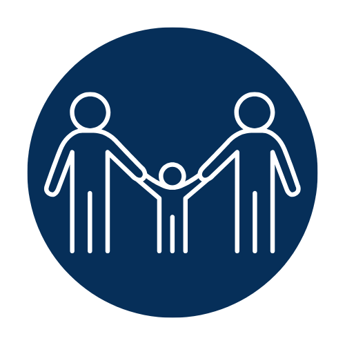 Icon of two adults holding hands with a child in the middle inside a blue circle.