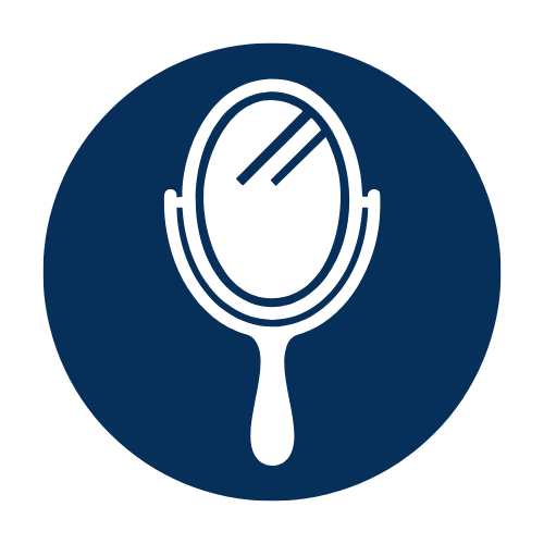 Icon of a hand mirror with a blue circular background.