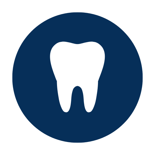 Tooth icon on a dark blue circular background.