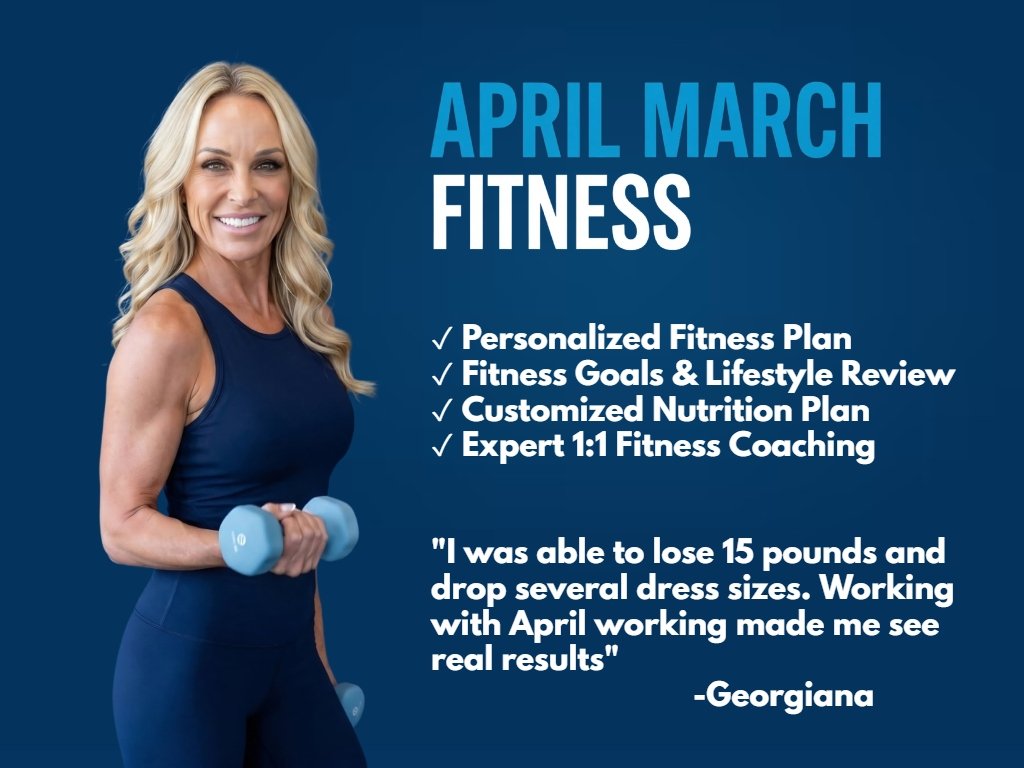 A woman in a blue athletic outfit holding a small dumbbell, promoting April and March fitness plans with details about personalized training, nutrition, and coaching, along with a testimonial from Georgiana.