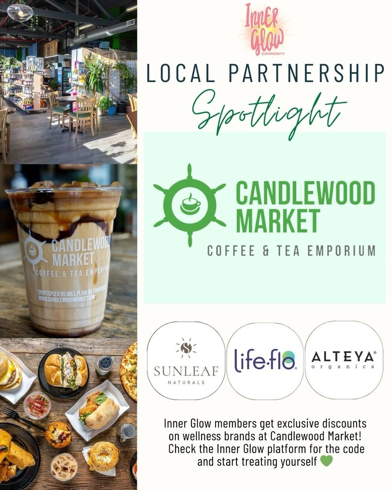 ⭐️ New Partnership Spotlight ⭐️ You might not know that Candlewood Market in Fairfield, CT (known for its delicious coffee and great mix of local goods) ALSO carries a curated selection of wellness products. Inner Glow Members get 20% off select bran