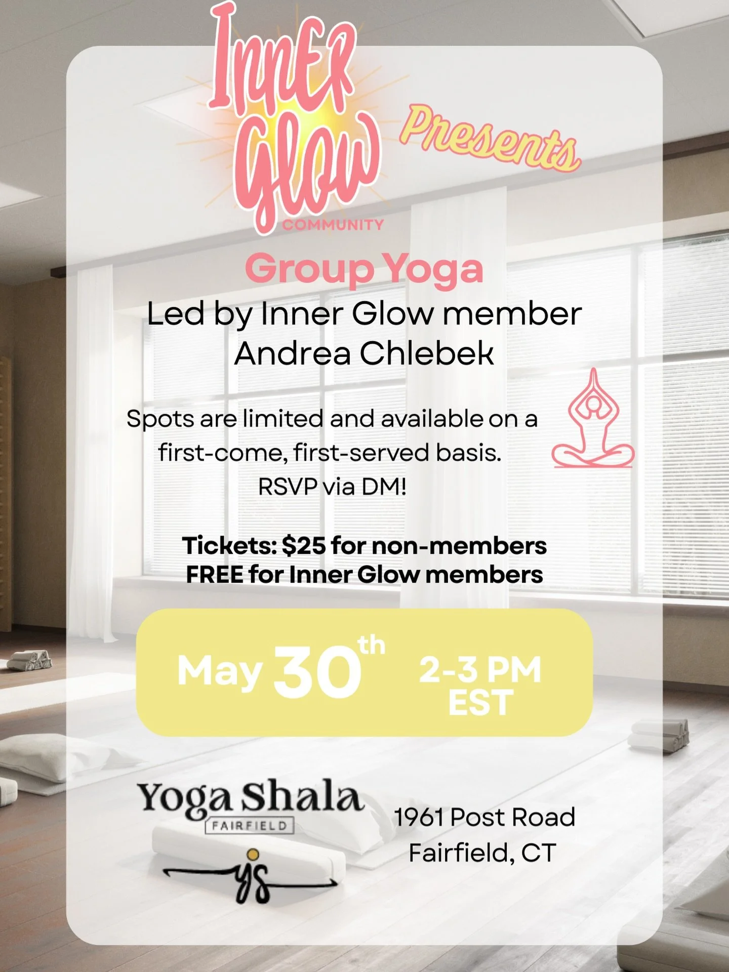 Come slow down, breathe and be present with us 🤍
Especially if this isn&rsquo;t something you typically make time for- this is your sign. 

Join us for group yoga led by one of our very own Inner Glow Members @empoweredbyandrea 🙌 This is a space to