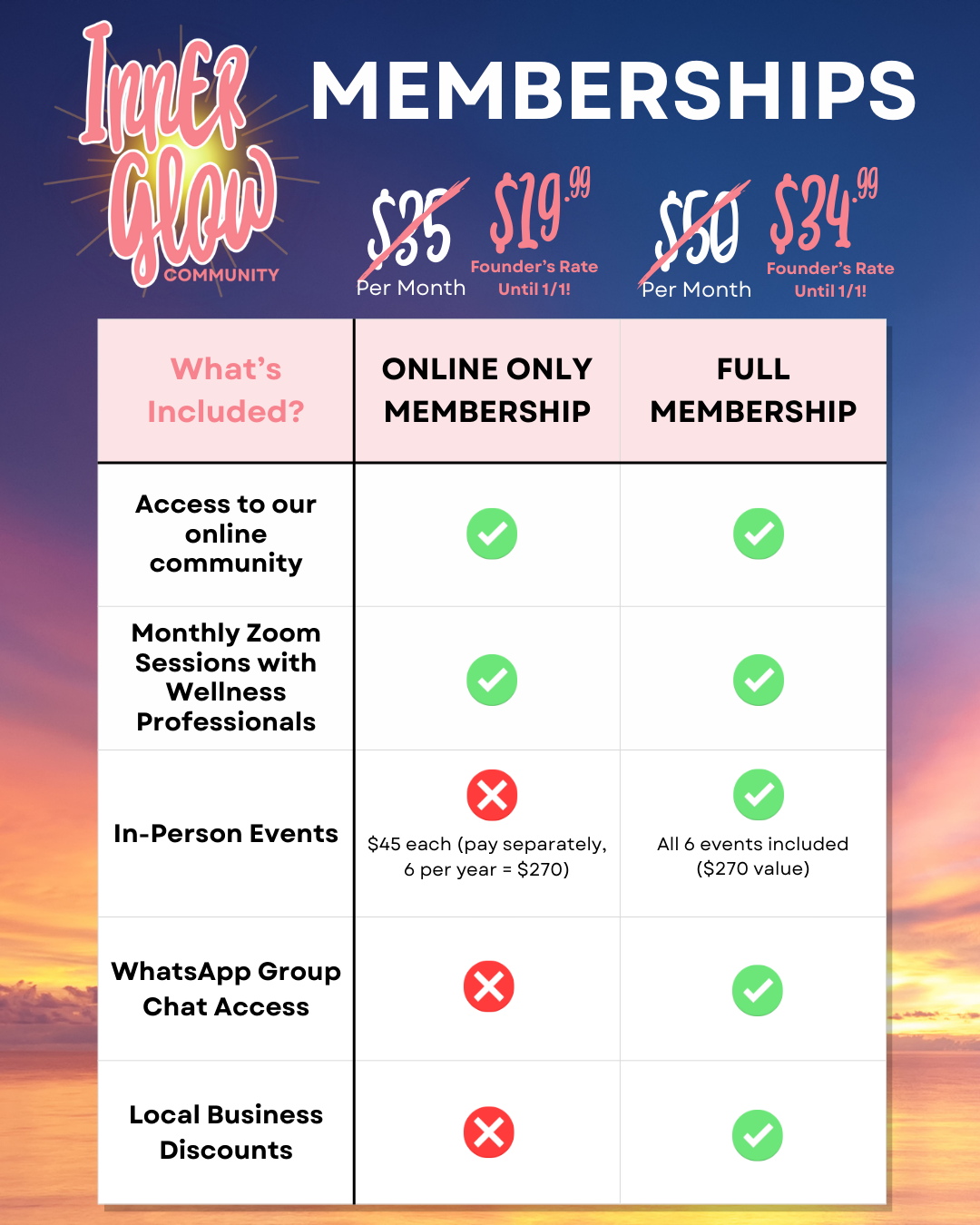 Inner Glow Community Membership Rates & Info