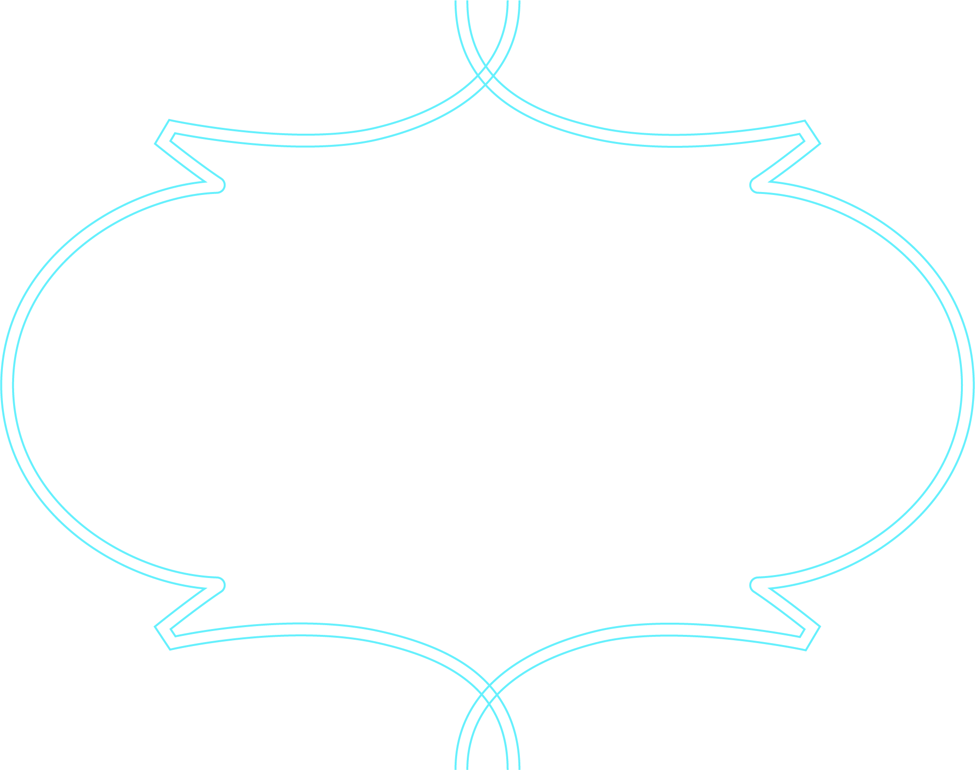 Neon light blue outline of a decorative frame with multiple curves and pointed edges, illuminated against a black background.