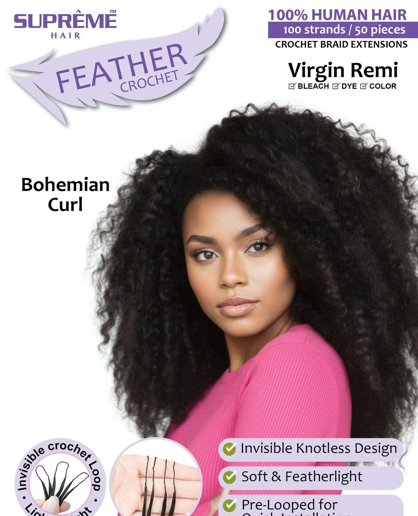 Supreme Hair Feather Crochet &ndash; Bohemian Curl (100% Human Hair)⁠
⁠
Experience the effortless beauty of natural curls with Supreme Hair Feather Crochet &ndash; Bohemian Curl, made from 100% Virgin Remi Human Hair. Designed for both professionals 