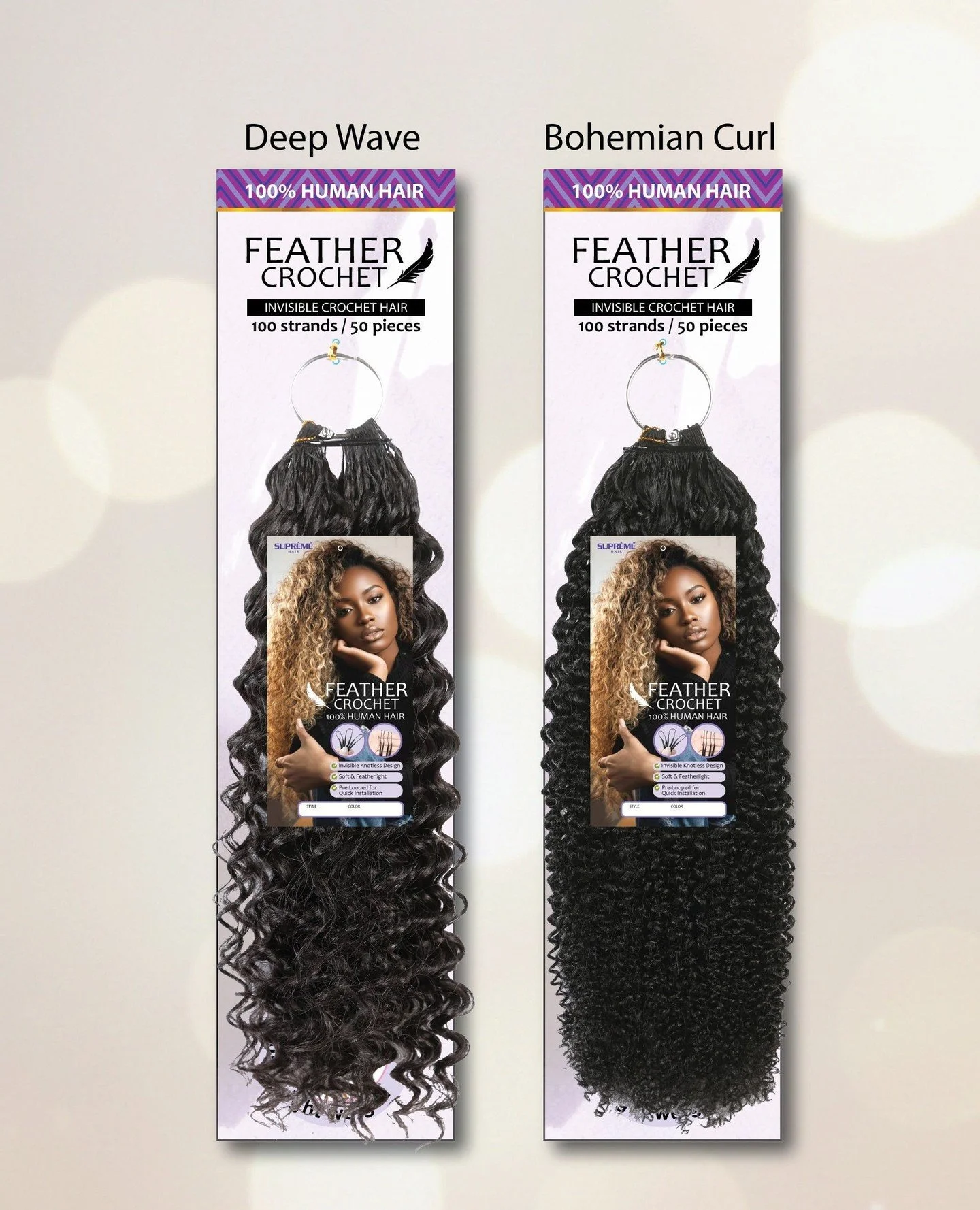 Feather Hair is finally here!⁠
Experience the lightest, softest, most natural crochet ever &mdash; made with 100% Virgin Remi Human Hair.⁠
Now available in Bohemian Curl and Deep Wave.⁠
✨ Pre-looped | Knotless | Bleach &amp; Dye Safe | Featherlight F