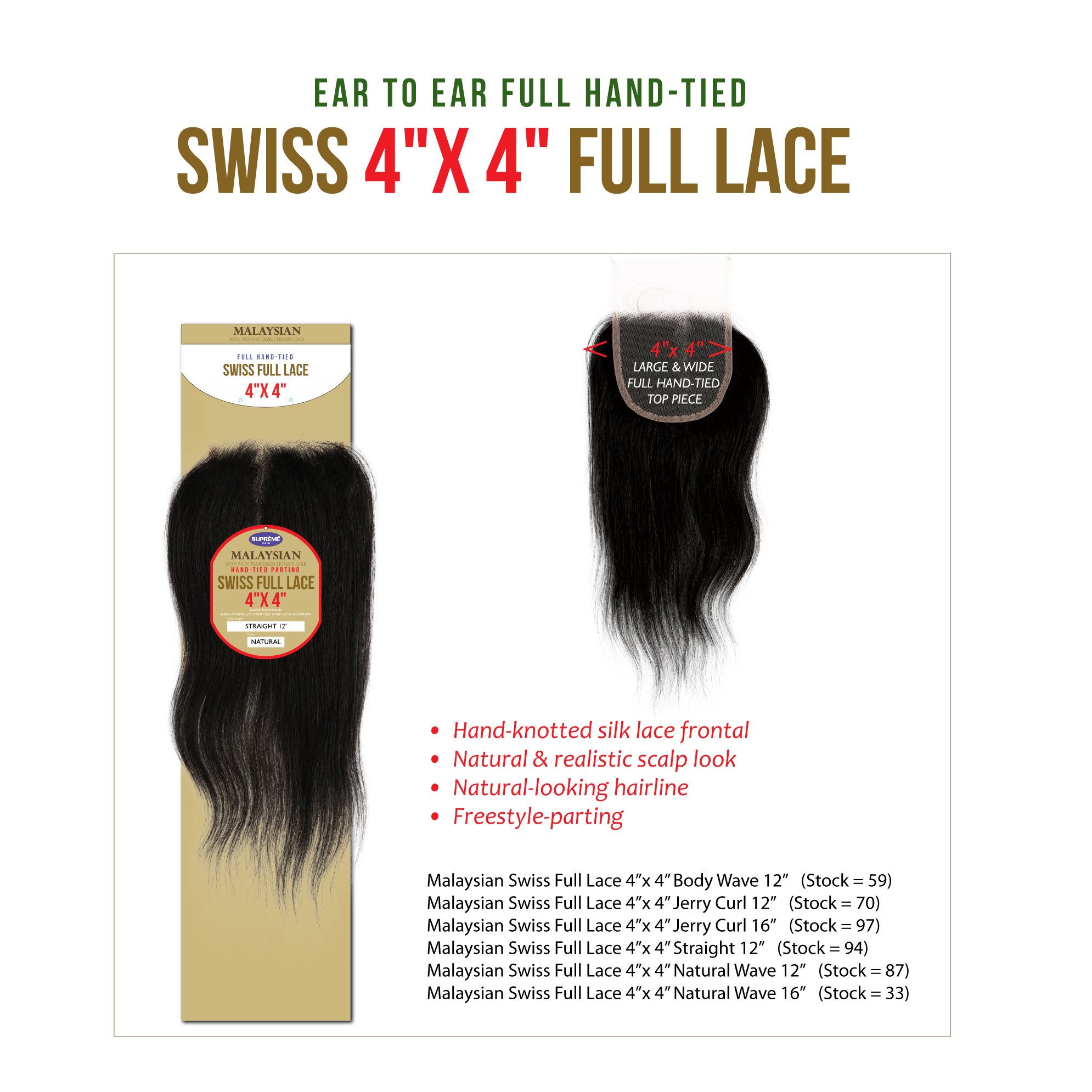 100% Human Hair 4"X4" Swiss Full Lace - Straight
