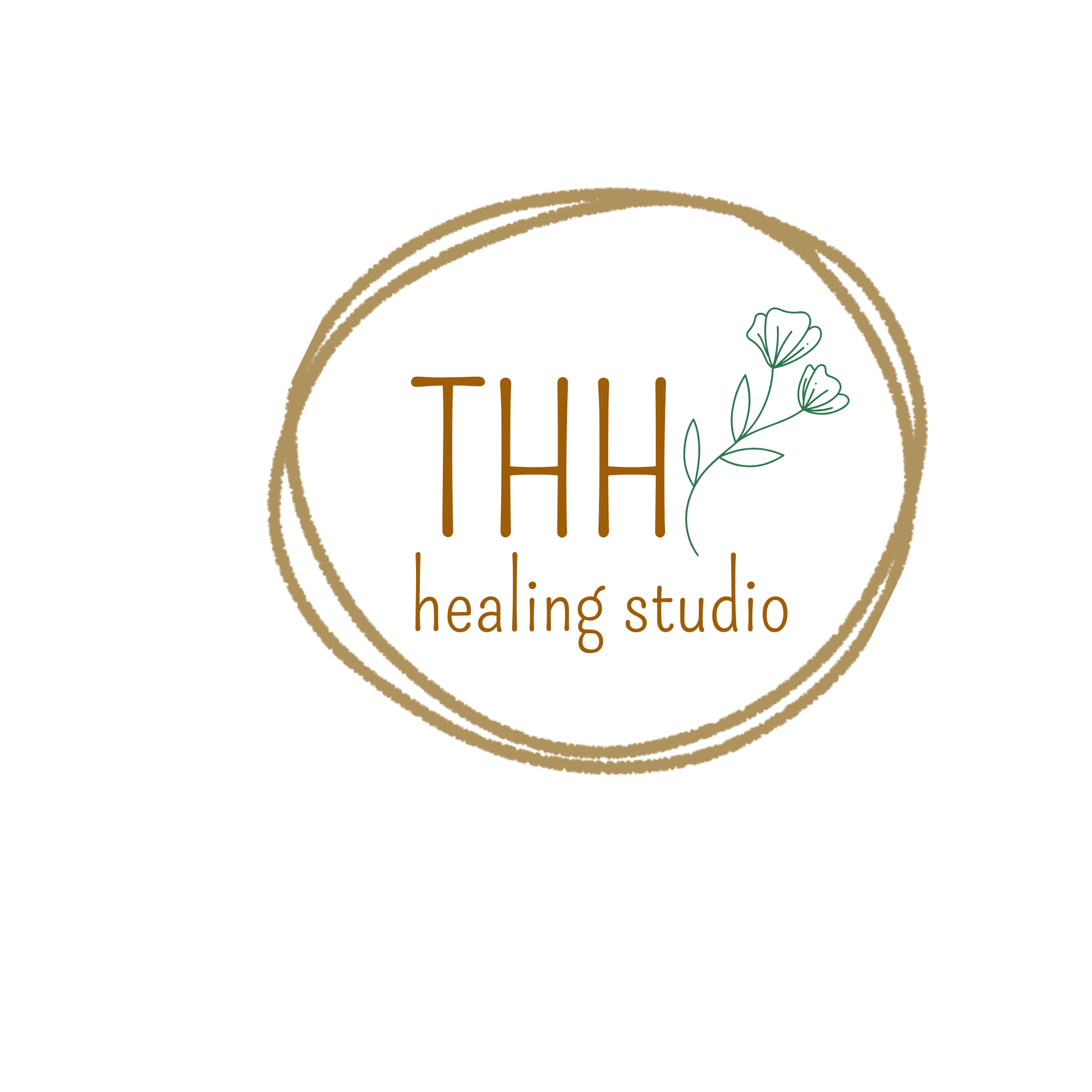 Logo for Healing Studio with a circular design, featuring a green leafy plant and the text 'THH healing studio' in orange.