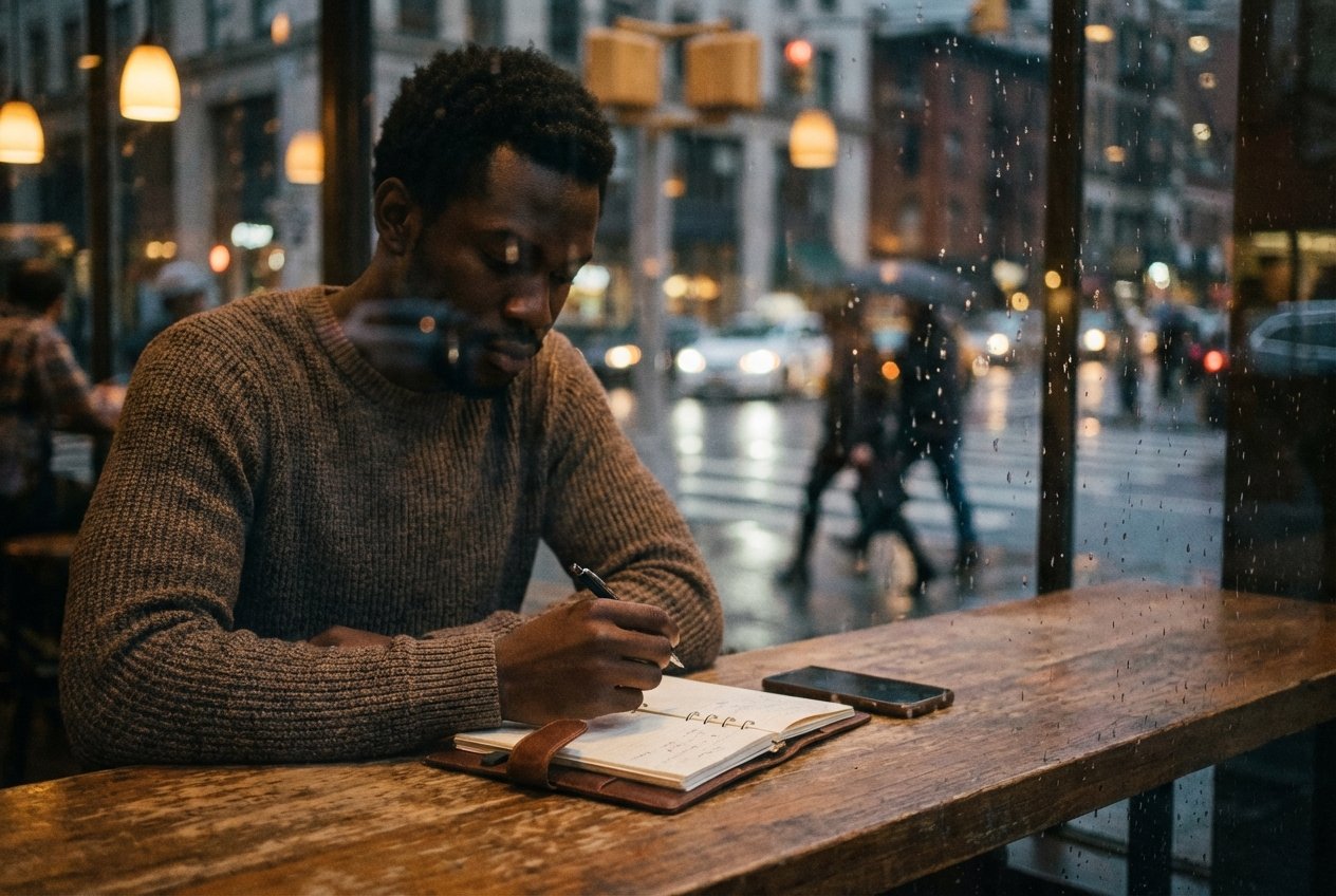 black man writting on his notebook on a cafe in a rainy day