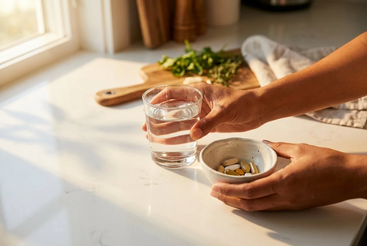 hands holding water and vitamins in the sunlight