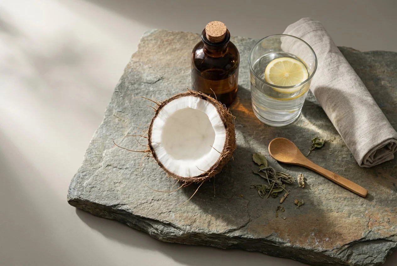 coconut and coconut oil on a rock with natural compounds