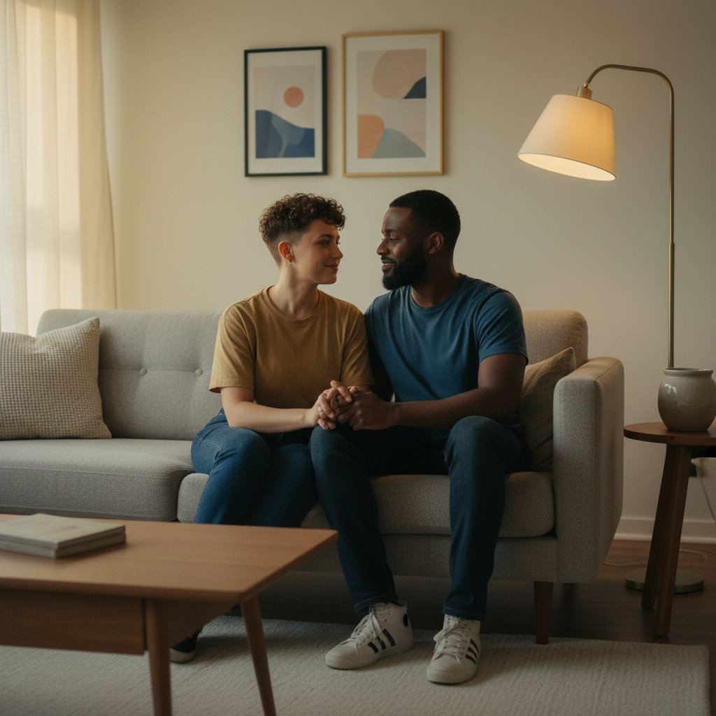 Two partners on a couch calmly discussing herpes (HSV); gentle eye contact, hands intertwined, warm evening light, supportive disclosure moment.
