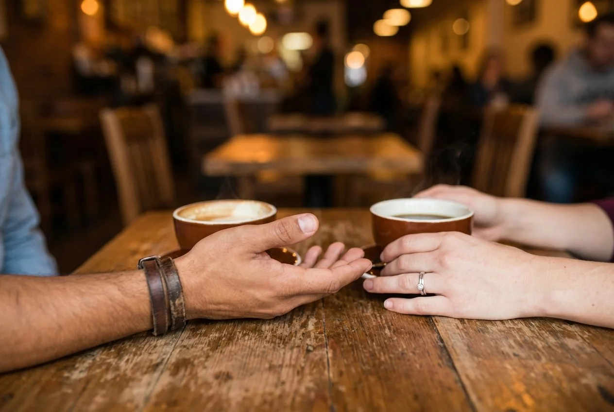 couple in a cafe holding hands on the table